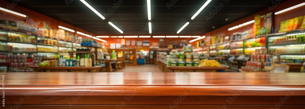 Grocery Shop Table. Empty Wooden Grocery Store Desk. Blurred Defocused Background with Bokeh Light for Product Display Montage. Selective Focus. Lifestyle Shopping Concept Bg. Copyspace