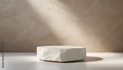 Stone podium minimal product display pedestal 3d beige studio room with sunlight