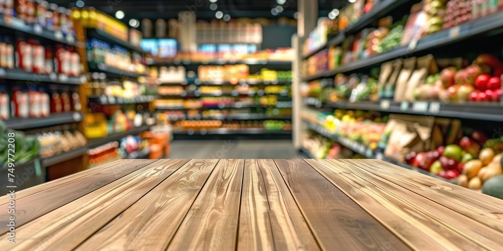 Modern Wooden Table for Business. Empty Wood Table Top on Shelf in Supermarket Blurred Background. Grocery Shop Table. Wooden Table in Supermarket. Grocery Shop. Copy-space