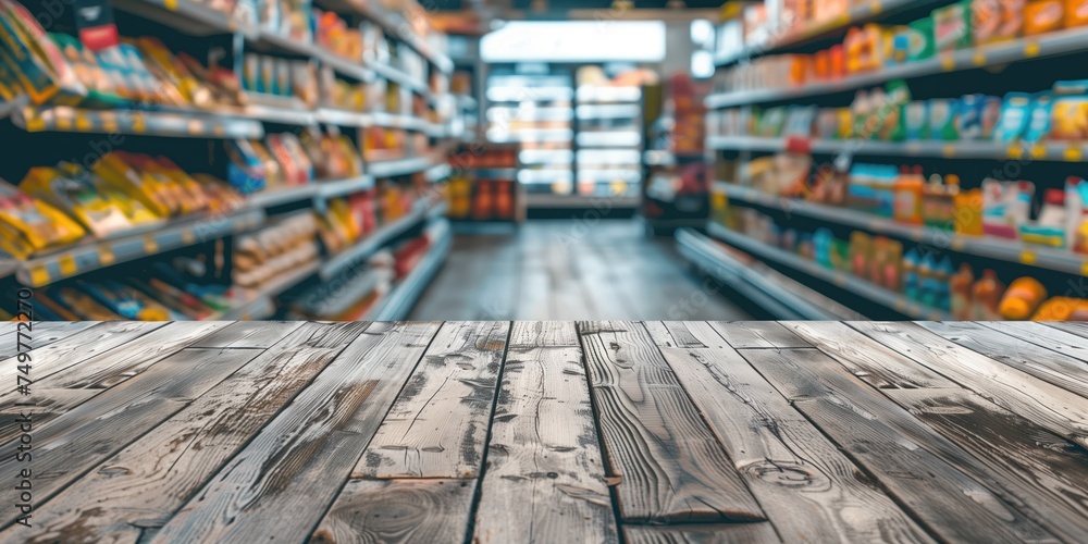Modern Wooden Table for Business. Empty Wood Table Top on Shelf in Supermarket Blurred Background. Grocery Shop Table. Wooden Table in Supermarket. Grocery Shop. Copy-space