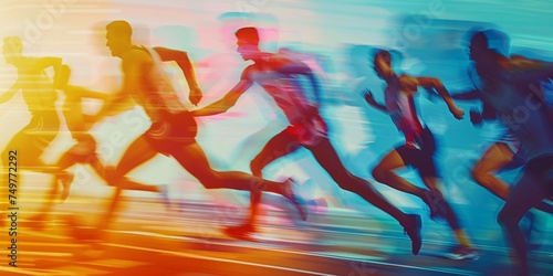 Hazy movement men sprinters exchanging baton in relay competition.