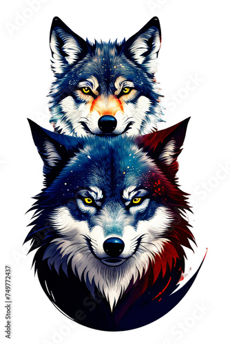 Portrait of a wolf and wolf cubs illustration.