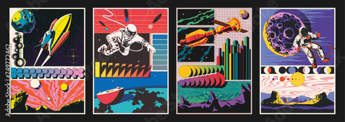 Space Poster Set. Spacecraft, Astronauts in Outer Space, Planetary Panorama. 3D Effect Abstract Objects Background 