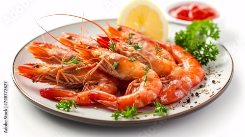 Crispy battered prawns with dipping sauce on a white background.