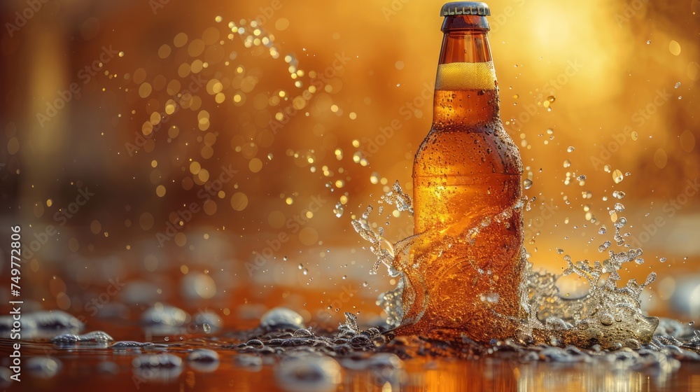 Opening of cold beer bottle - gas output and bottle cap in the air. Isolated on a yellow background. Opening of cold beer bottle - gas output and bottle cap in the air. Isolated on a yellow background.