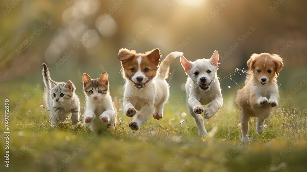 Cute little kittens and welsh corgi puppies running in the meadow