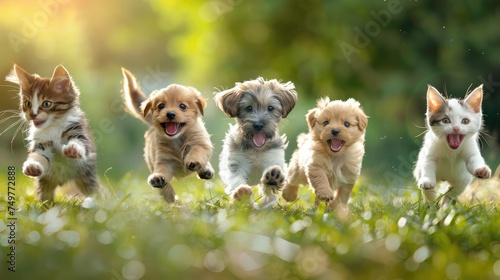 Group of cute little puppies running on the grass in summer day.