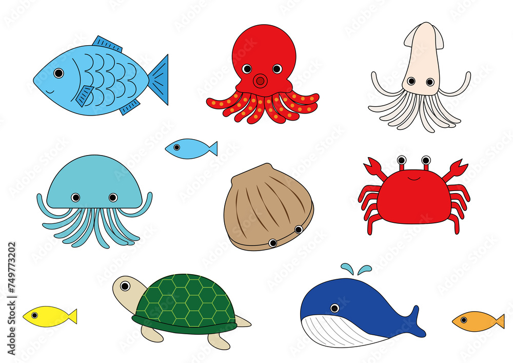 Fototapeta premium 海の生き物イラストセット