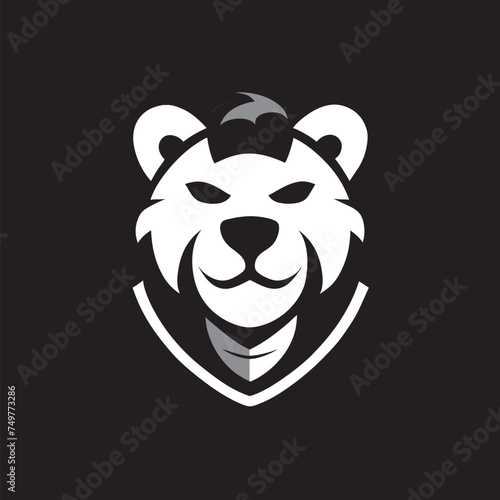 a 2d logo designed with vector graphics in a flat and minimalist style, with a pure white background and black text, a lion shape, a domineering pose photo