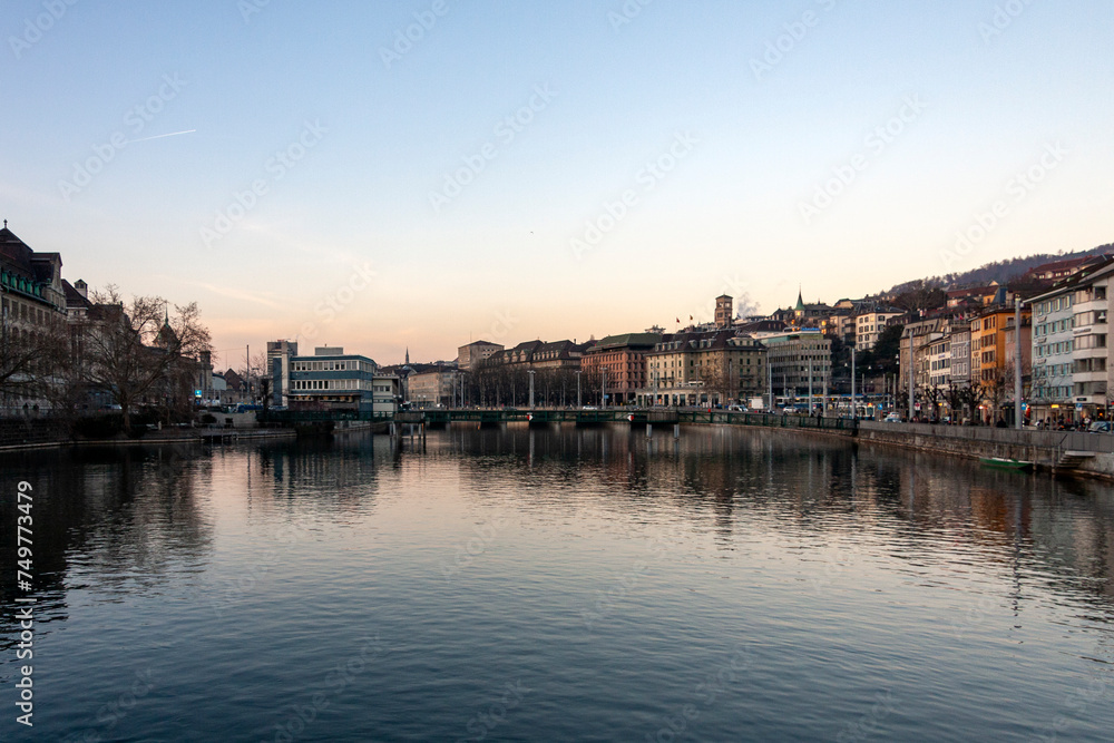 Zurich city & River Limmat at sunset