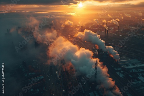 Metal production facility emitting pollutants into the air at sunrise captured in aerial photography.