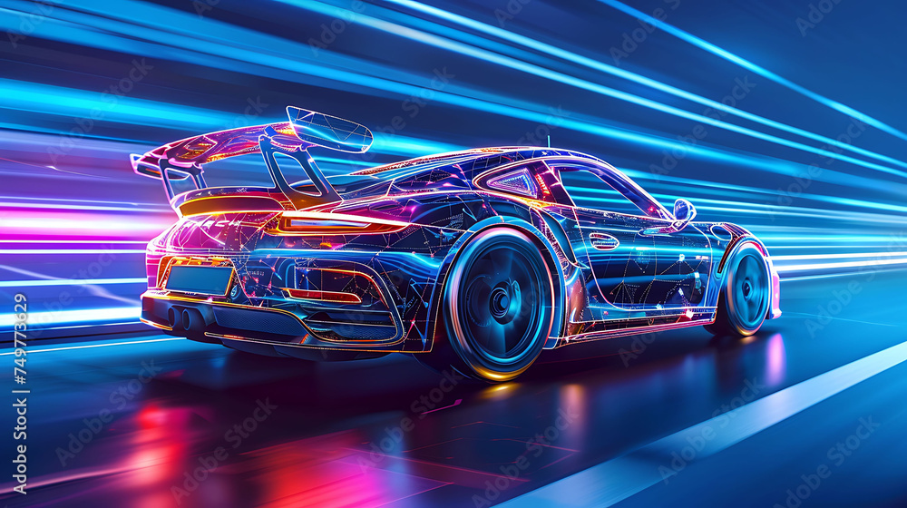Sport car with neon line. A technology car sponsored on social media