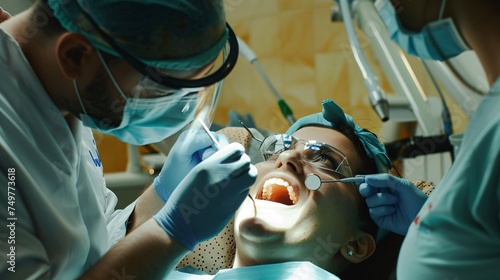 A male dental practitioner cares for a patient's teeth with the assistance of a female aide, promoting oral health.