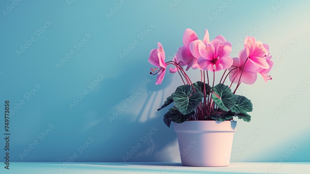 Bright pink cyclamen blooms potted beautifully.