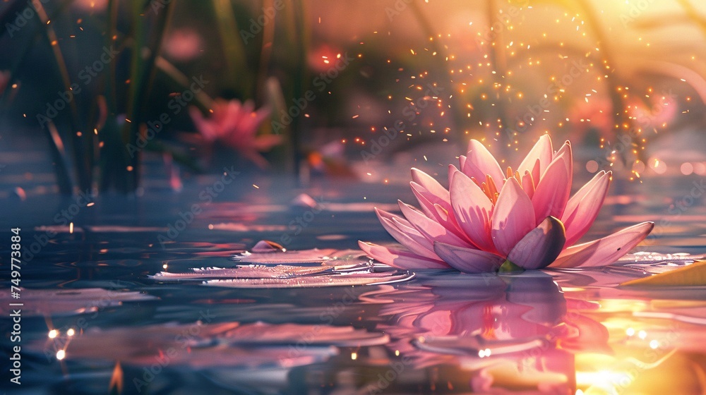Blooming rosy lotus illuminated by rays of light. - obrazy, fototapety, plakaty 