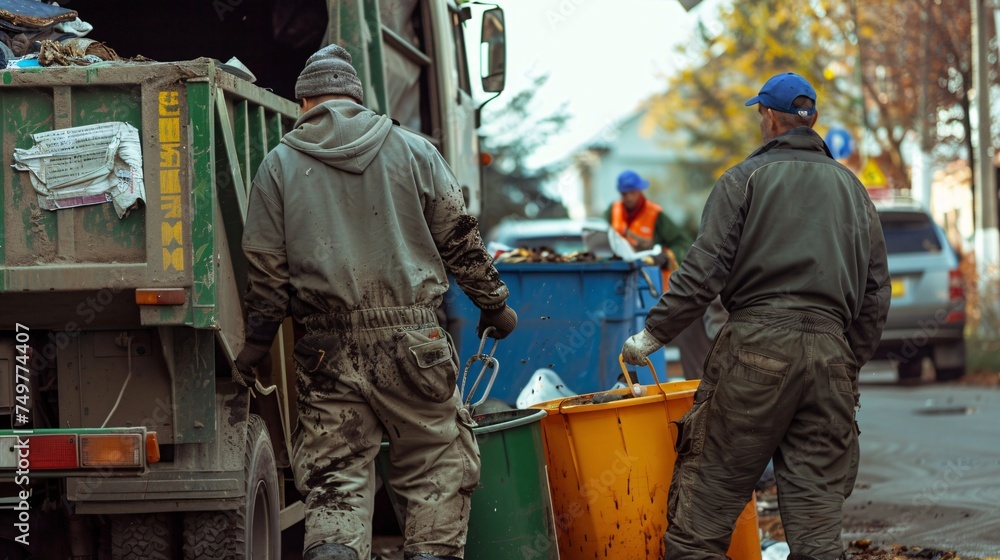 Two sanitation workers collaborating to clear bins and load waste onto a truck for disposal.