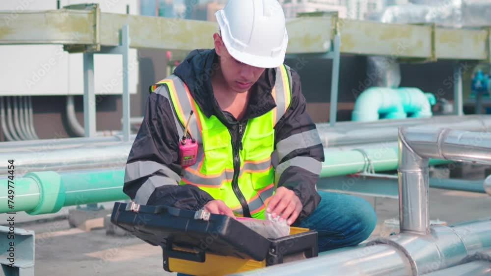Technician Using Measuring Equipment on Industrial Pipes Technician Using Measuring Equipment on Industrial Pipes