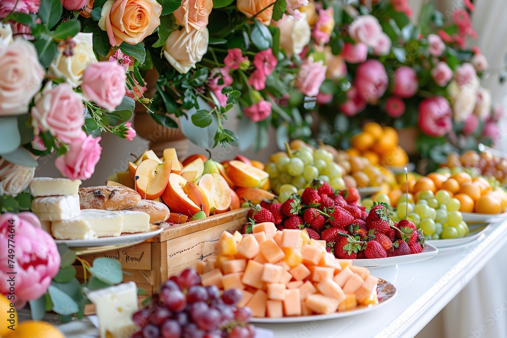 Wedding decor for reception with buffet, platters of fruits and cheese, and bread in containers, adorned with floral and lantern accents.