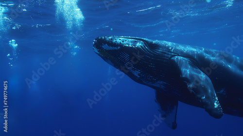 A whale swims near the surface of the water. Generative AI
