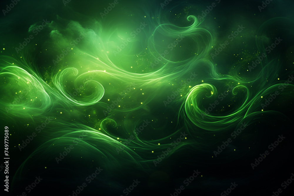 Mystical green swirls of light and smoke against a dark backdrop, creating an enchanting, magical atmosphere