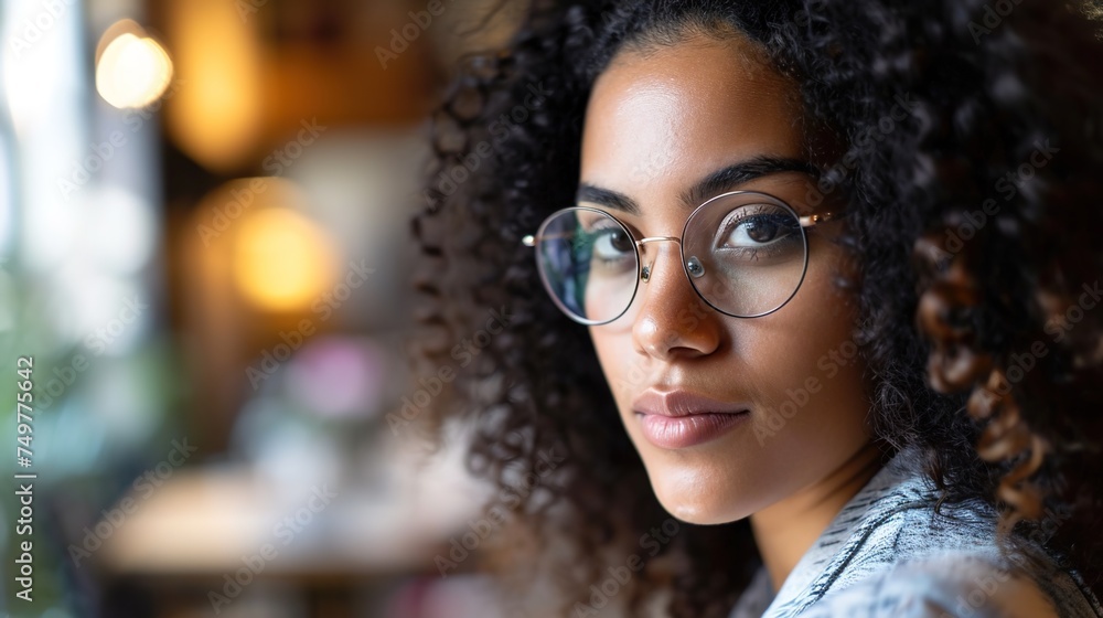 close-up of a gorgeous young businesswoman with curly hair and glasses. close-up of a gorgeous young businesswoman with curly hair and glasses.