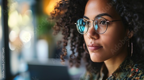 close-up of a gorgeous young businesswoman with curly hair and glasses.