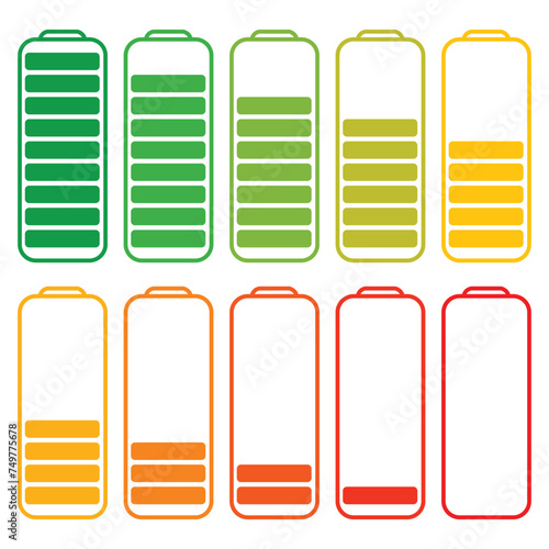 Vector illustration of cell phone battery charging, vectorized battery icons going from 0 to 100% from red to green.