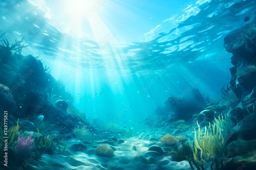 Fototapeta premium Sunlit underwater seascape with aquatic plants and rocks, creating a serene and mystical ocean scene