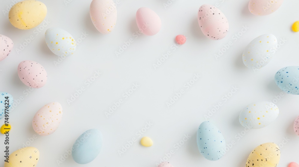 A collection of pastel-colored Easter eggs, artistically speckled, complemented by tiny candy pieces, arranged on a clean, bright surface background with copy space for text or designs.
