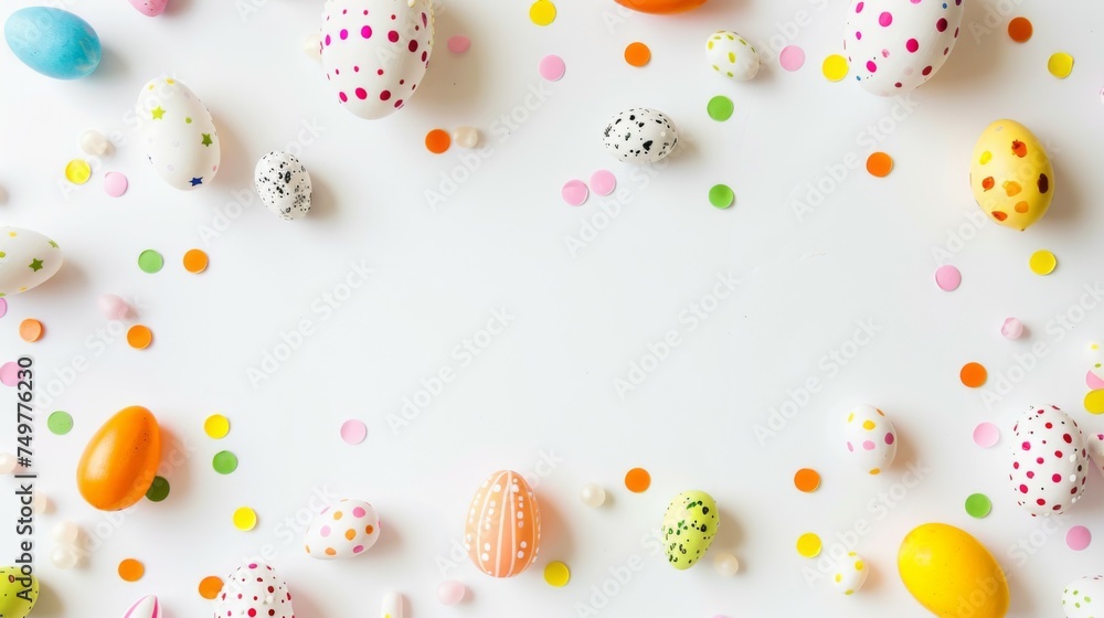 A collection of pastel-colored Easter eggs, artistically speckled, complemented by tiny candy pieces, arranged on a clean, bright surface background with copy space for text or designs. A collection of pastel-colored Easter eggs, artistically speckled, complemented by tiny candy pieces, arranged on a clean, bright surface background with copy space for text or designs.