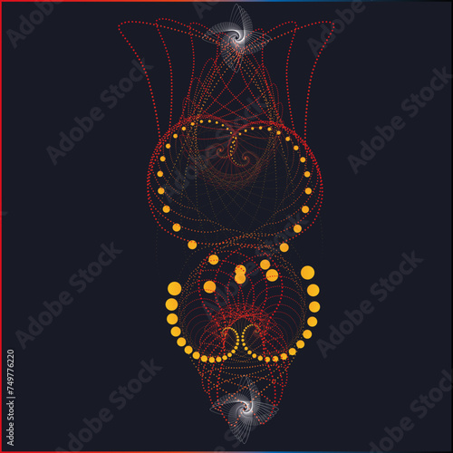 The vector dotted spiral vortex graphic is a visually interesting and complex image. use of color, movement, and text, all contribute to its overall effect.