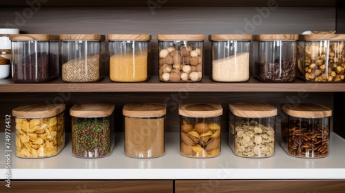 Organized kitchen pantry storage room with food containers and glass jars on shelves racked cabinets