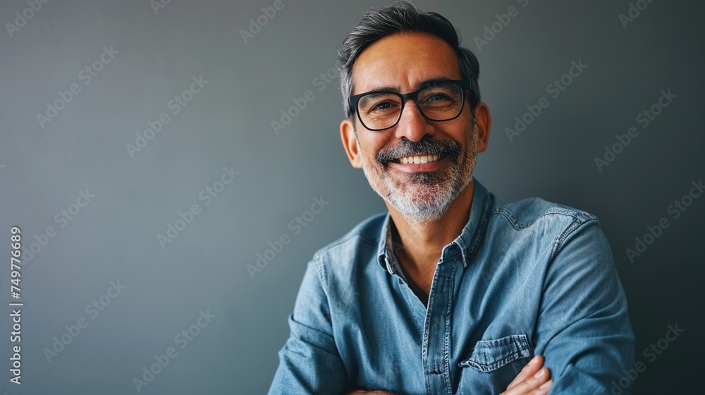 Crossed arms and a joyful, smiling businessman's face on a gray backdrop. Crossed arms and a joyful, smiling businessman's face on a gray backdrop.