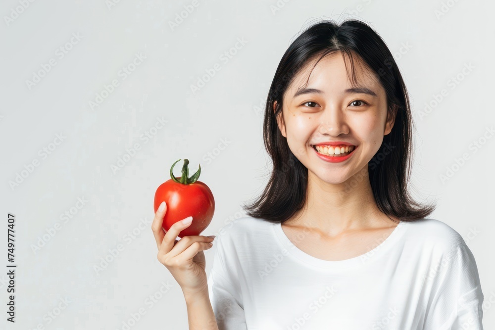 Asian woman holding a tomato. Follows a diet. Isolated background Asian woman holding a tomato. Follows a diet. Isolated background