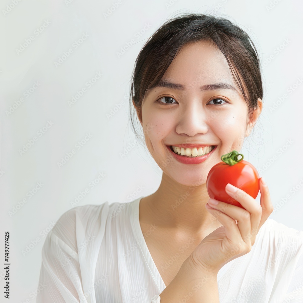 Asian woman holding a tomato. Follows a diet. Isolated background Asian woman holding a tomato. Follows a diet. Isolated background