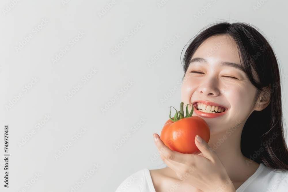 Asian woman holding a tomato. Follows a diet. Isolated background Asian woman holding a tomato. Follows a diet. Isolated background