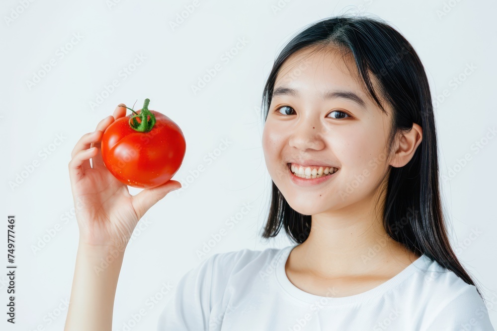 Asian woman holding a tomato. Follows a diet. Isolated background Asian woman holding a tomato. Follows a diet. Isolated background