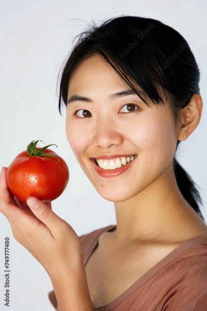 Asian woman holding a tomato. Follows a diet. Isolated background Asian woman holding a tomato. Follows a diet. Isolated background