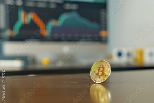 Bitcoin lying on the table against the background of a currency chart on the monitor. Modern trading photo