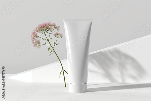mockup tube bottle for skin care cosmetic, product branding, serum dropper cream lotion treatment with natural flower photo