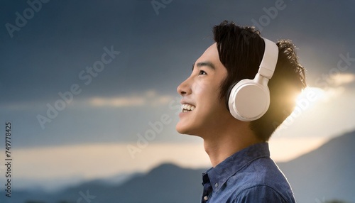 ヘッドフォンで音楽を聴く男性の横顔
