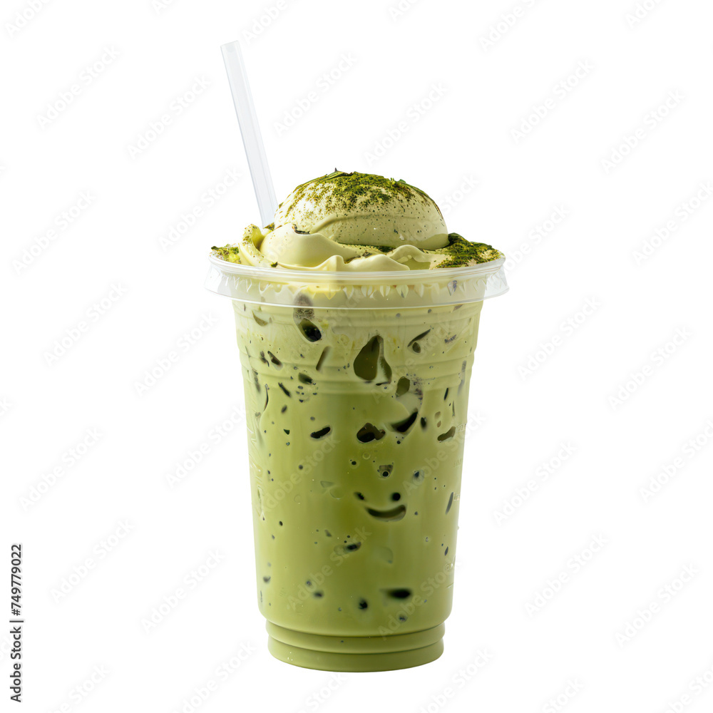 Iced milk on top macha green tea  isolated on transparent png.
 - obrazy, fototapety, plakaty 
