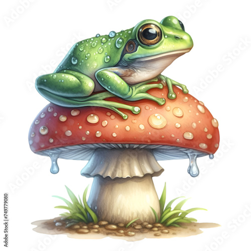 A small green frog with white eyes sits on a leaf in a forest  near a fly mushroom