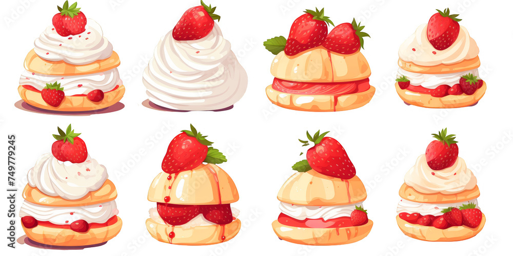 flat art collection of strawberry shortcakes isolated on a white background as transparent PNG