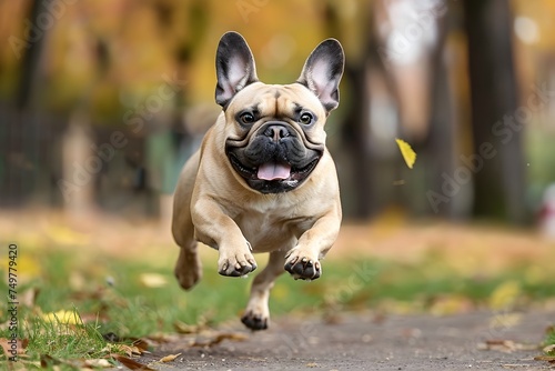 French Bulldog Running in Autumn Park