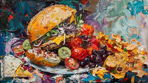 Oil Painting of Hamburger and Vegetables in Expressionist Style