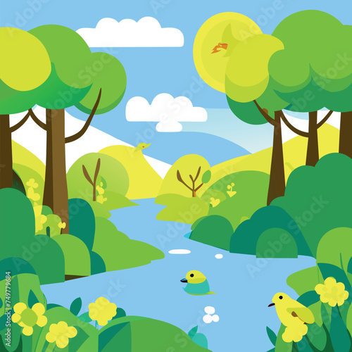 a beautiful scene showing a forest  river flowing in the foreground and birds in the sky  vector illustration kawaii
