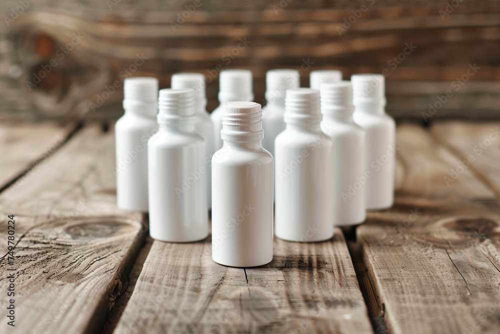 Sett of white cosmetic bottles with cream for skincare on the wooden table. White template with place for label. Copy space for advertisement Sett of white cosmetic bottles with cream for skincare on the wooden table. White template with place for label. Copy space for advertisement