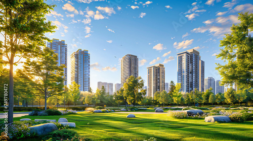 City Elegance: Skyline View of a Modern Urban Landscape with Towering Skyscrapers and Lush Park