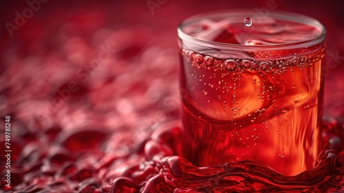 Splash of Red, Bubbly Drink in a Glass, Red Liquid Surrounded by Foam, Fizzing Beverage with Red Background.